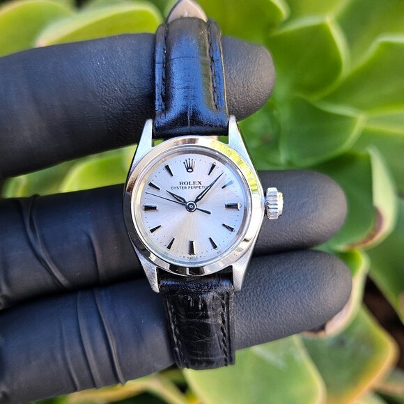 (sale) Rolex Ladies 24mm OP 6619 Steel On Black Leather Strap - Picture 3 of 13